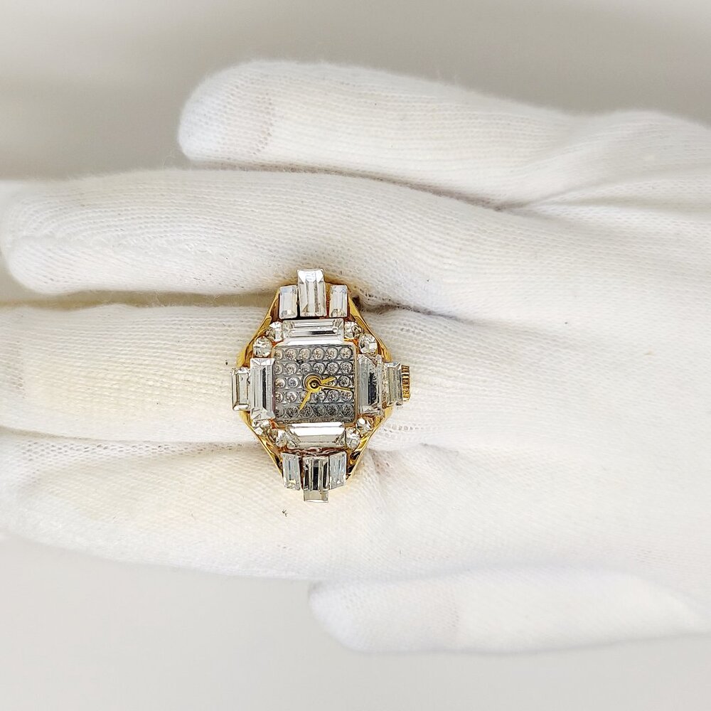 Vintage (crystal face) iced out gold tone ring watch by migi (Unsigned) works - Picture 3 of 5